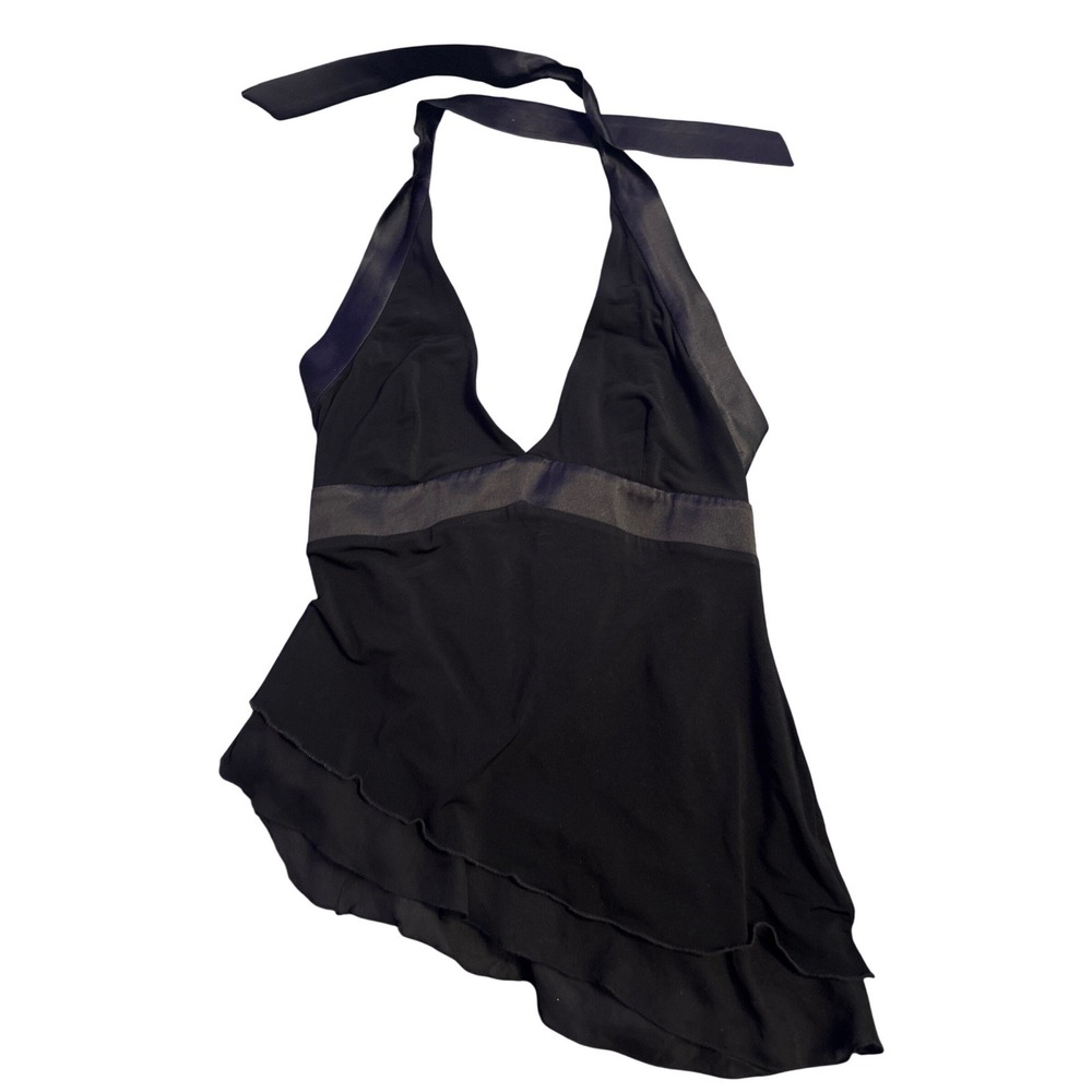 Bebe Y2K Black Halter Top Satin Ruffle Clubwear Made USA Size M